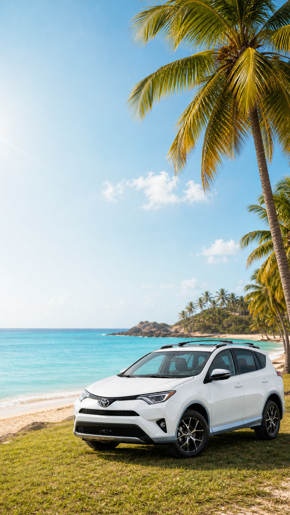 Antigua beach with palm trees and a rental SUV